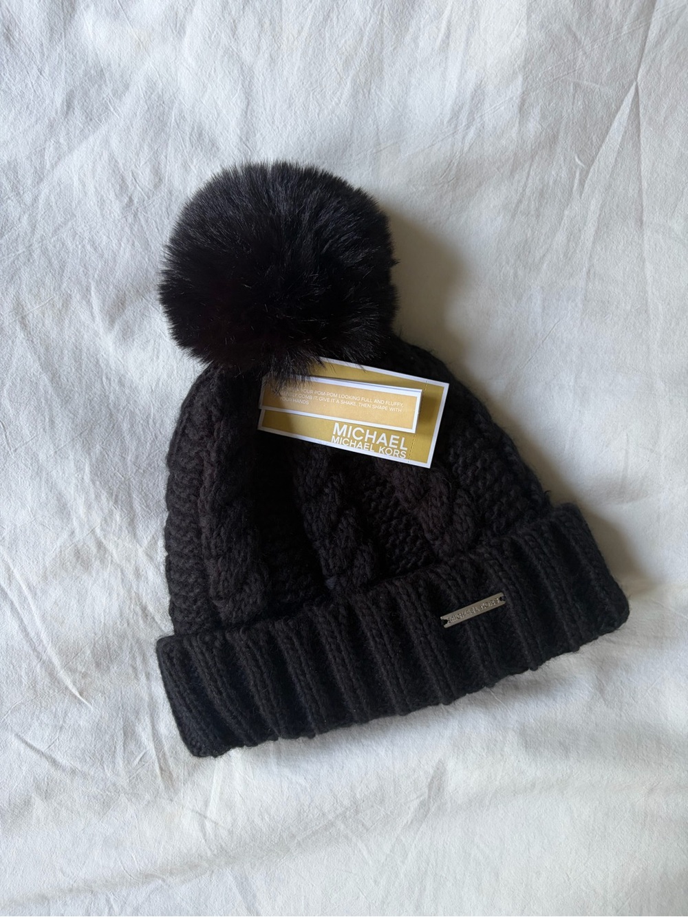 Michael Kors Black Cable-Knit Pom Hat with Logo Plaque